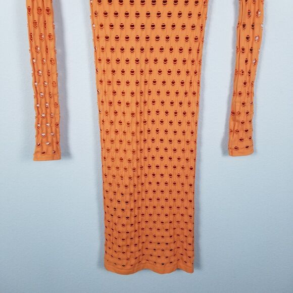 Maisie Wilen Orange Laser-Cut Perforated Orange Midi Bodycon Dress One Size - Picture 11 of 14